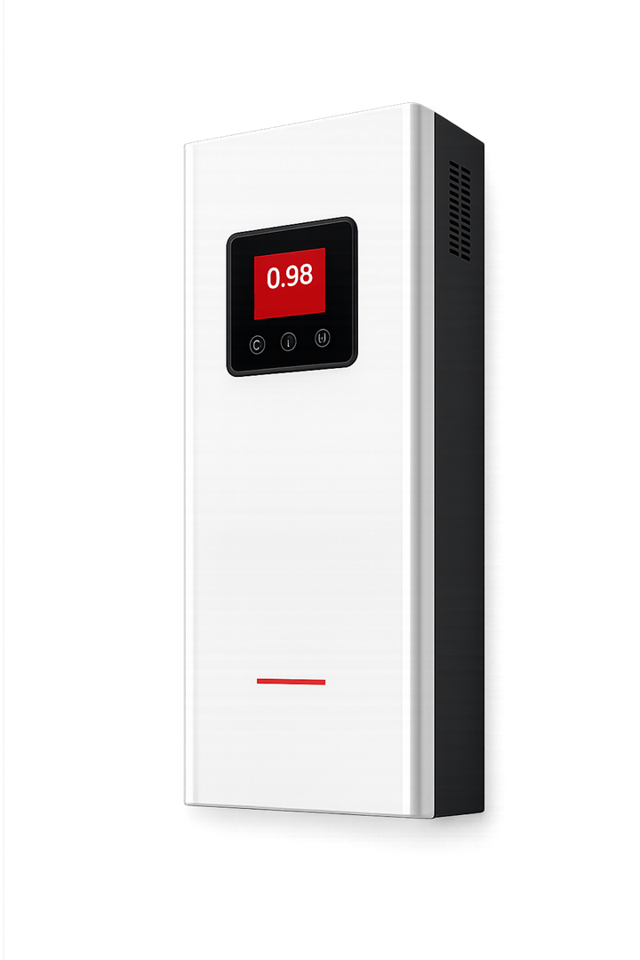 BDS Technology Electronic Capacitor Bank, wall-mounted power factor correction unit displaying a 0.98 power factor reading